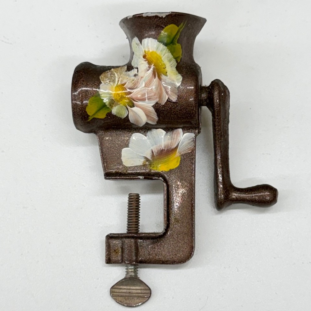 Vintage Miniature Clamp On Meat Grinder Metal Hand Painted Floral‎ Kitchen Decor